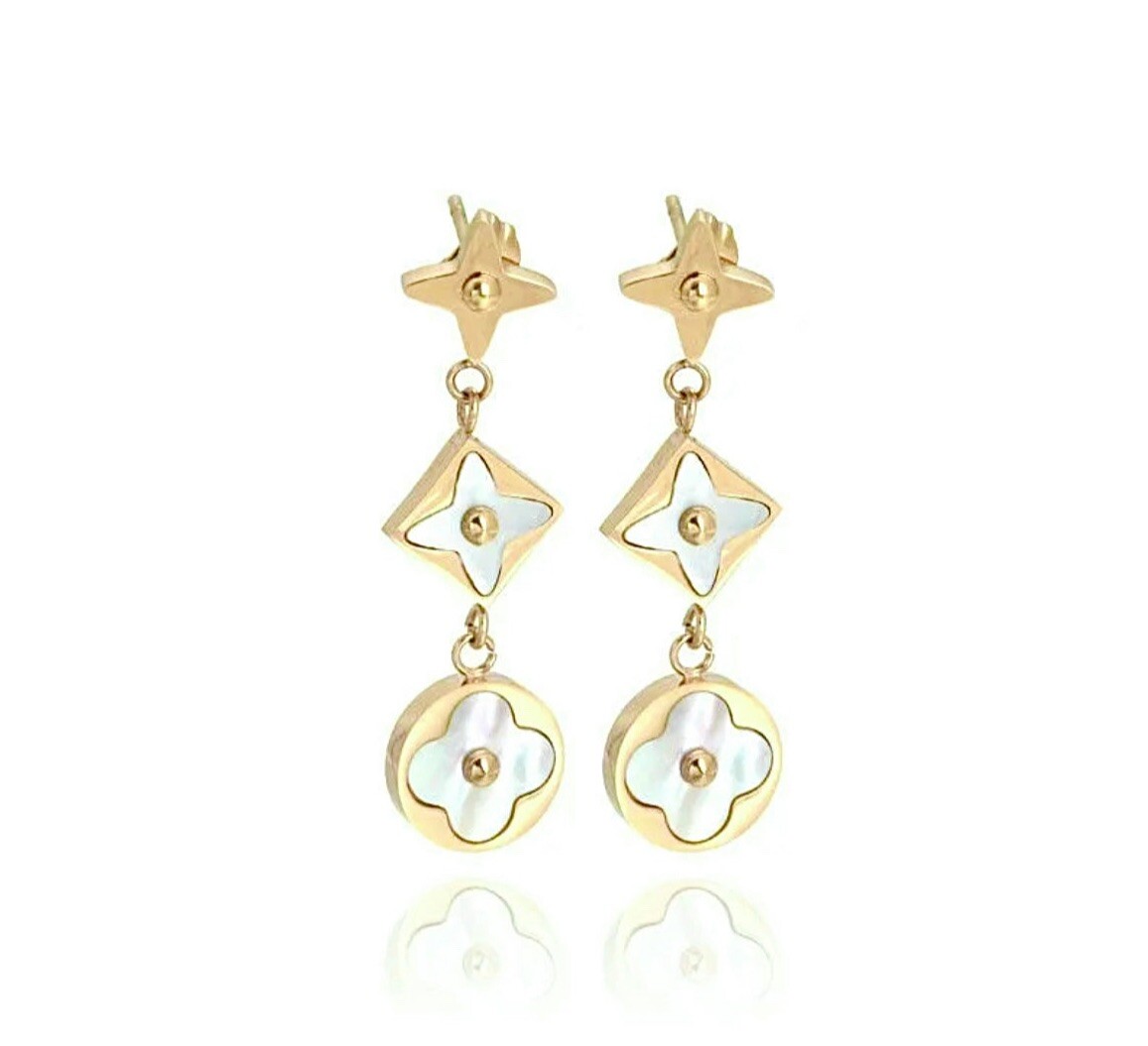 18k Gold Plated Shell Gem Flower Dangling Stud Earrings