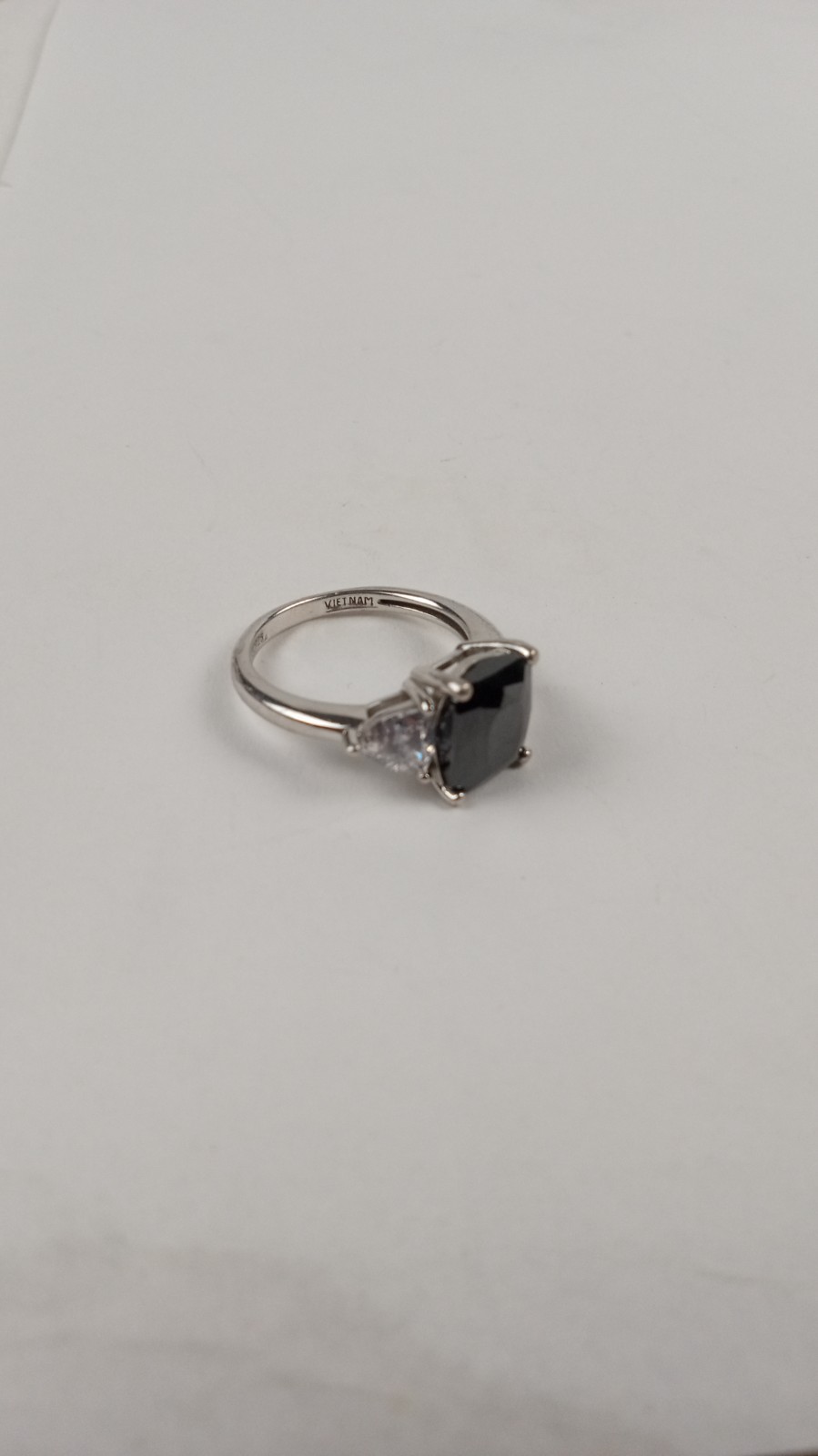 925 Sterling Silver Black Onyx CZ Three Stone Engagement Cocktail Ring sz 8 5.7g