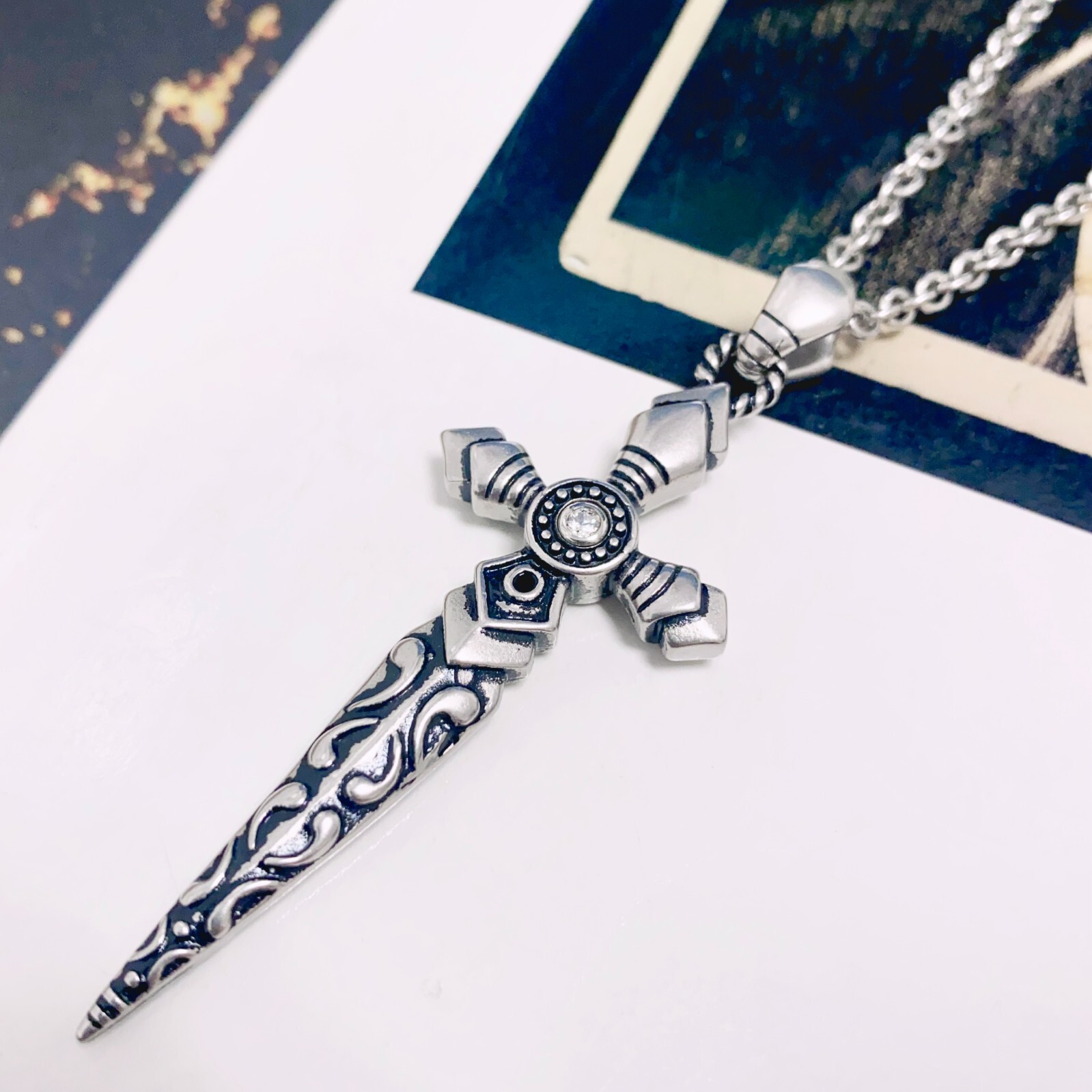 sword necklace tattoo pattern two clear crystal blacken stainless steel pendant