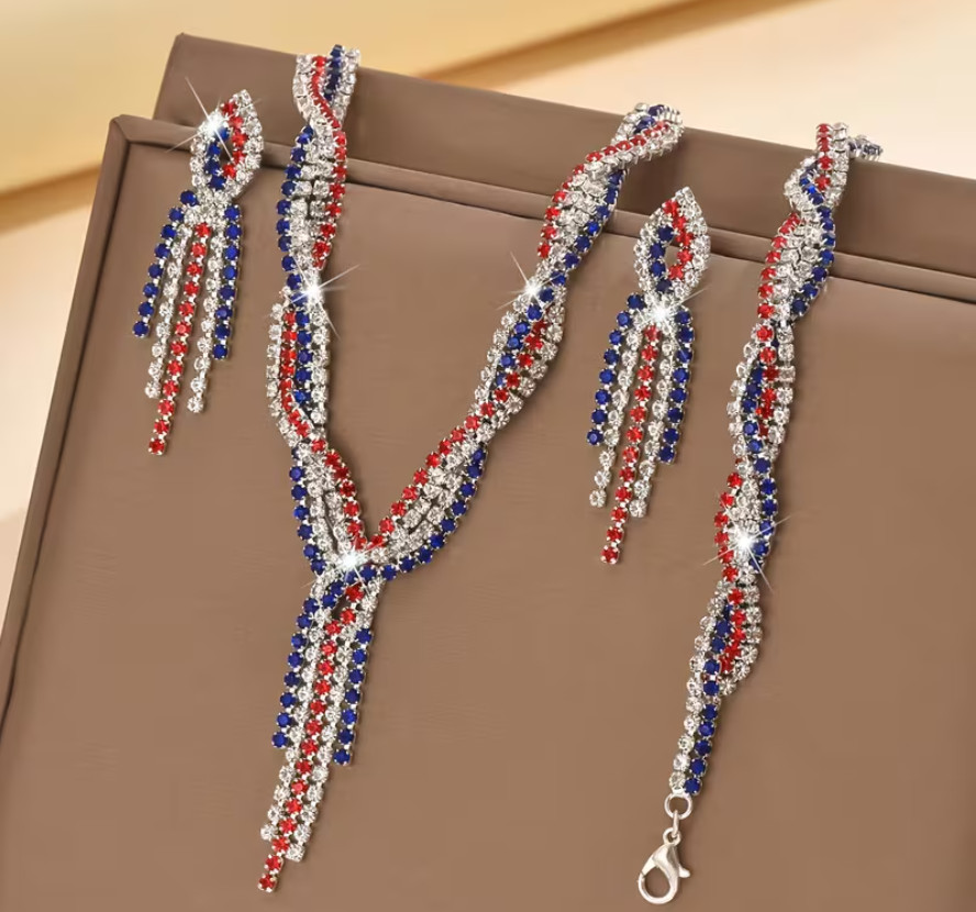 NEW RED WHITE BLUE RHINESTONE DROP EARRING NECKLACE BRACELET SET USA FLAG DESIGN