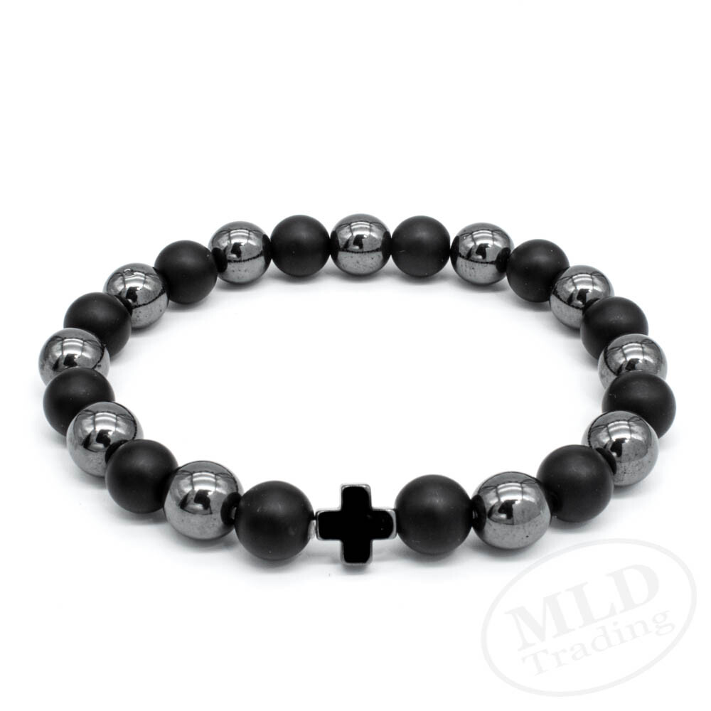 Black Hematite & Natural Stone Beads Cross Bracelet, Elastic Cord, 7 Inches