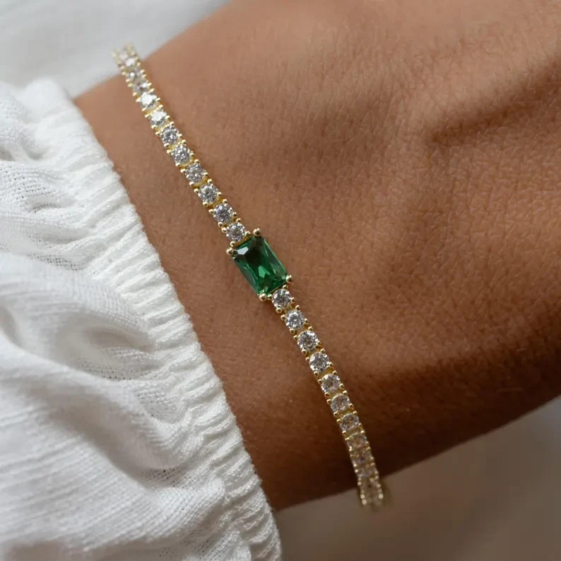 9Ct Emerald Simulated Emerald Engagement Tennis Bracelet 14K Yellow Gold Plated