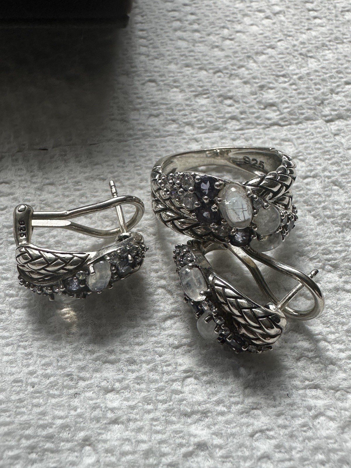 New 925 Silver Moonstone & CZ Jewelry Set – Ring & Earrings, Elegant Gift