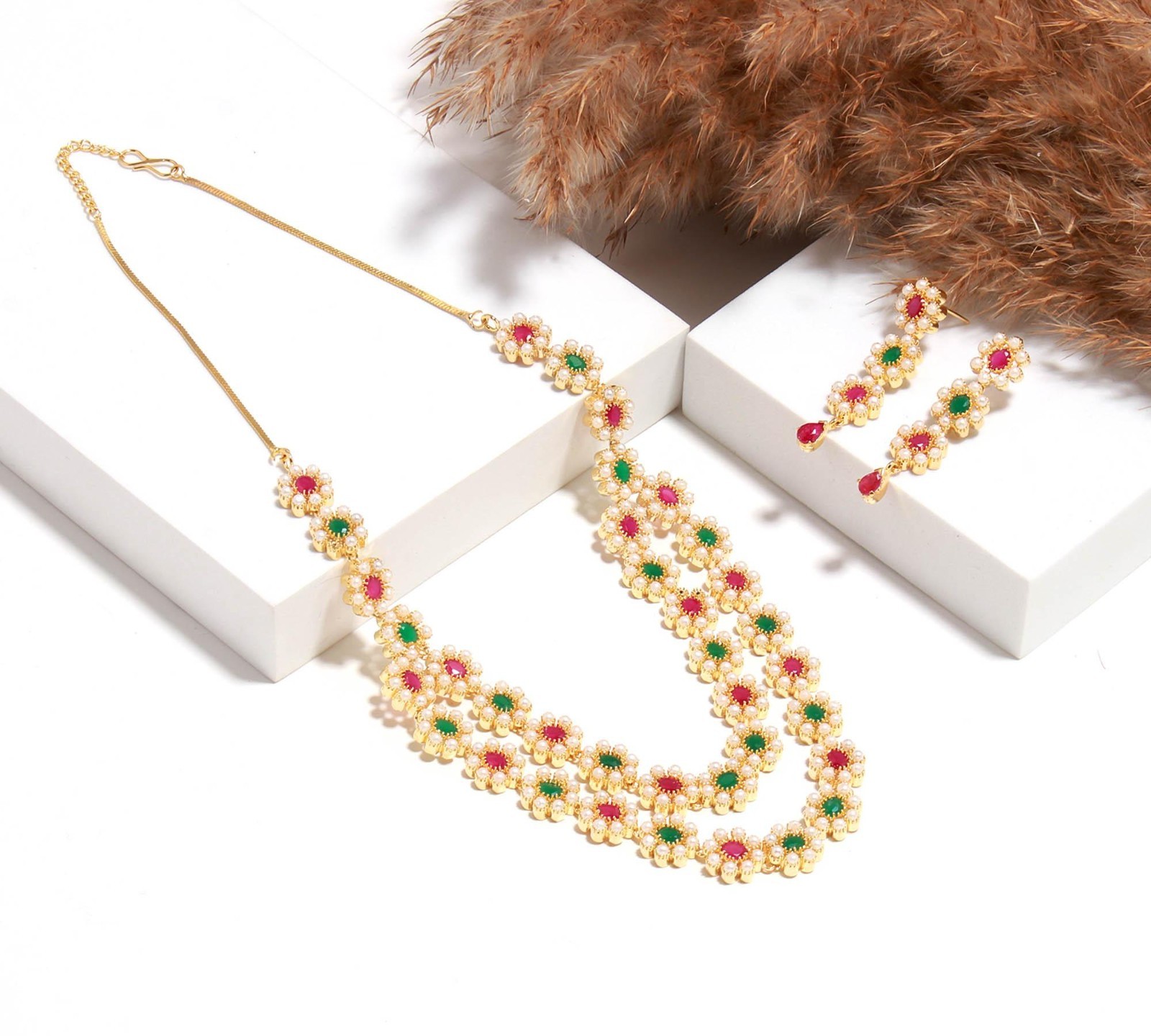 22K Gold Plated Ruby Emerald &Pearl Strand Floral Necklace Earrings Set Jewelry