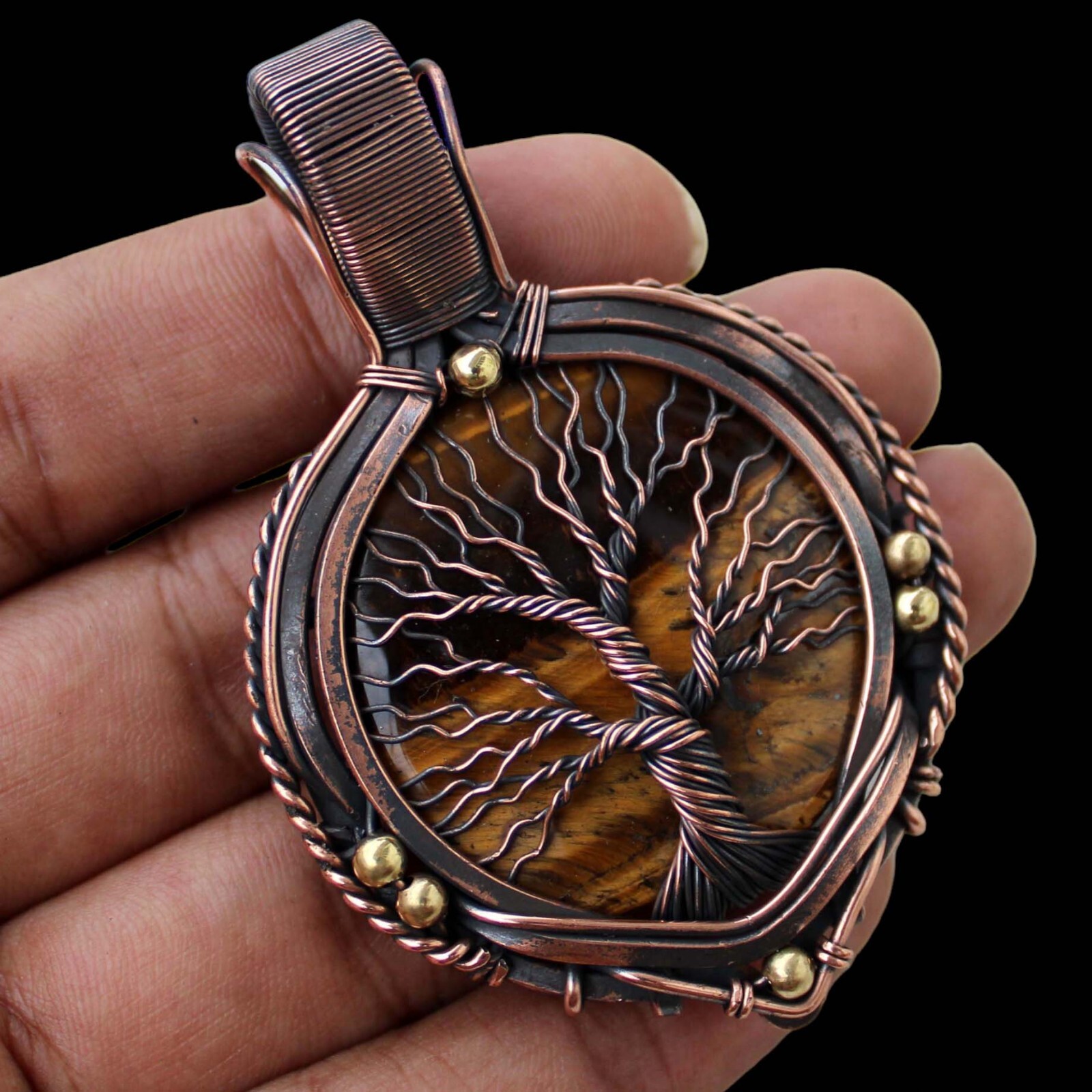 Tree Of Life Tigers Eye Pendant Copper Wire Wrapped Handmade Pendant With Chain