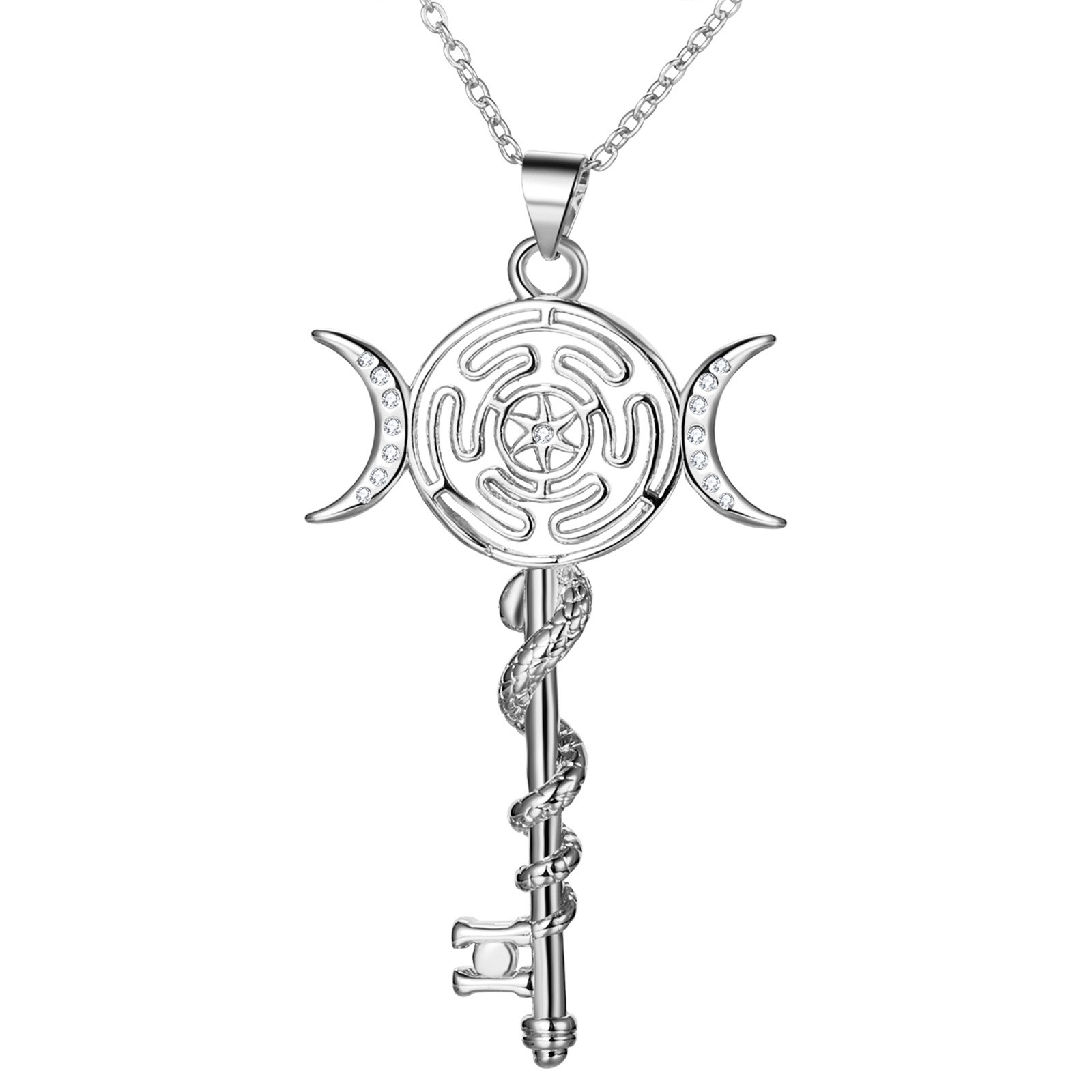 Hecate Triple Goddess Moon Key Pendant Necklace for Women Mythology Jewelry Gift