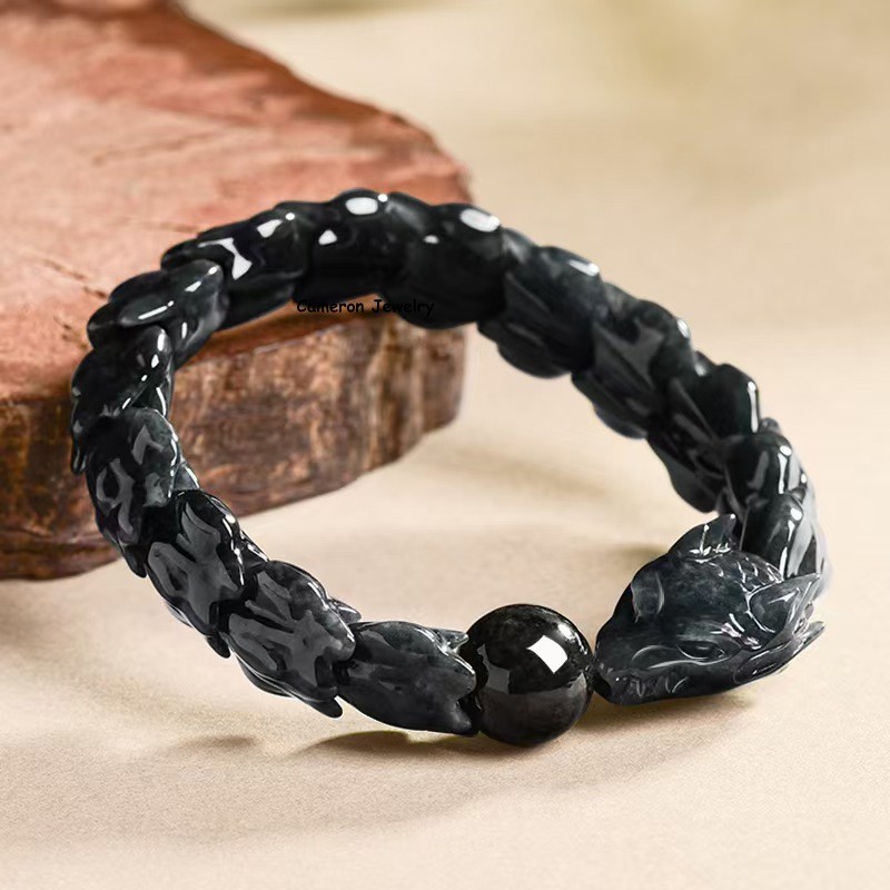 Real Grade A Natural Black Jade Men Women Dragon Bone Link Bracelet 6.3-7.5inch