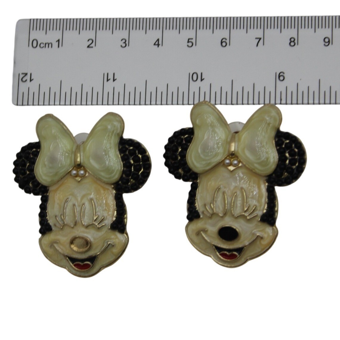 Disney Minnie Mouse Enamel Stud Earrings Cream Black Beaded Bow Gold Tone Retro