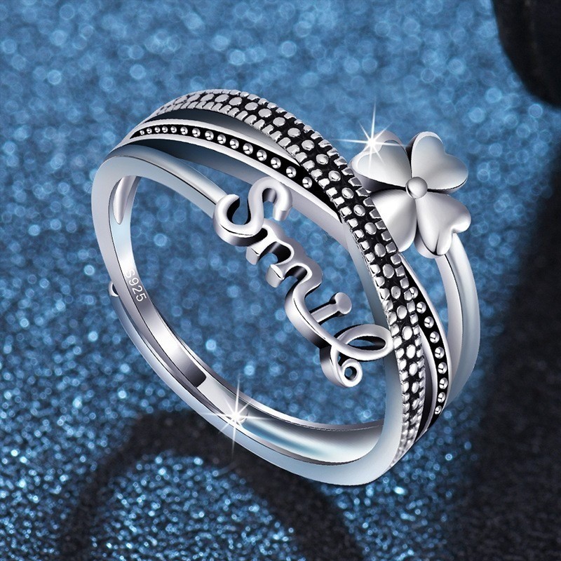 Women’s Fashion Four-leaf Clover Letter Ring Adjustable Opening Copper Ring