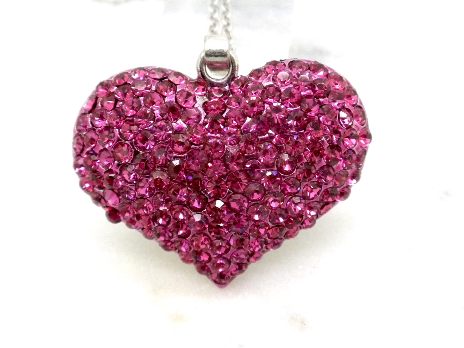 Pave Pink Mauve Crystal Heart Necklace Women’s Silver Plated Pendant Quality 18″