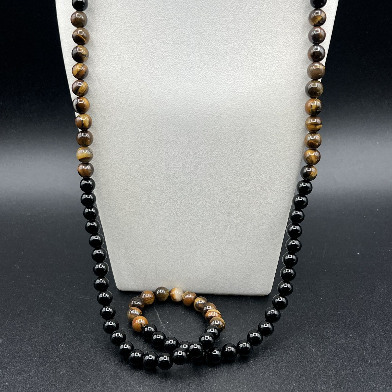 Black Glass & Brown Gemstone Beads Beaded Stretch Necklace or Crafting
