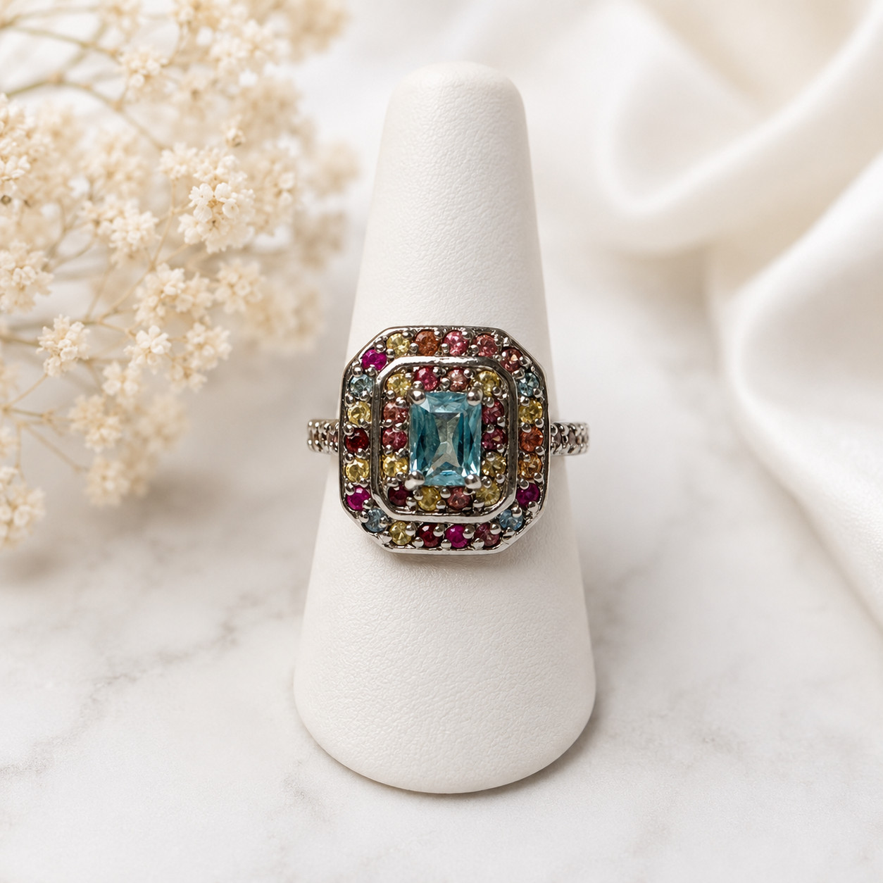 ESTATE Cocktail Blue Zircon Ring 925 Sterling (5) Multi Sapphire Ring 2.7 CTW