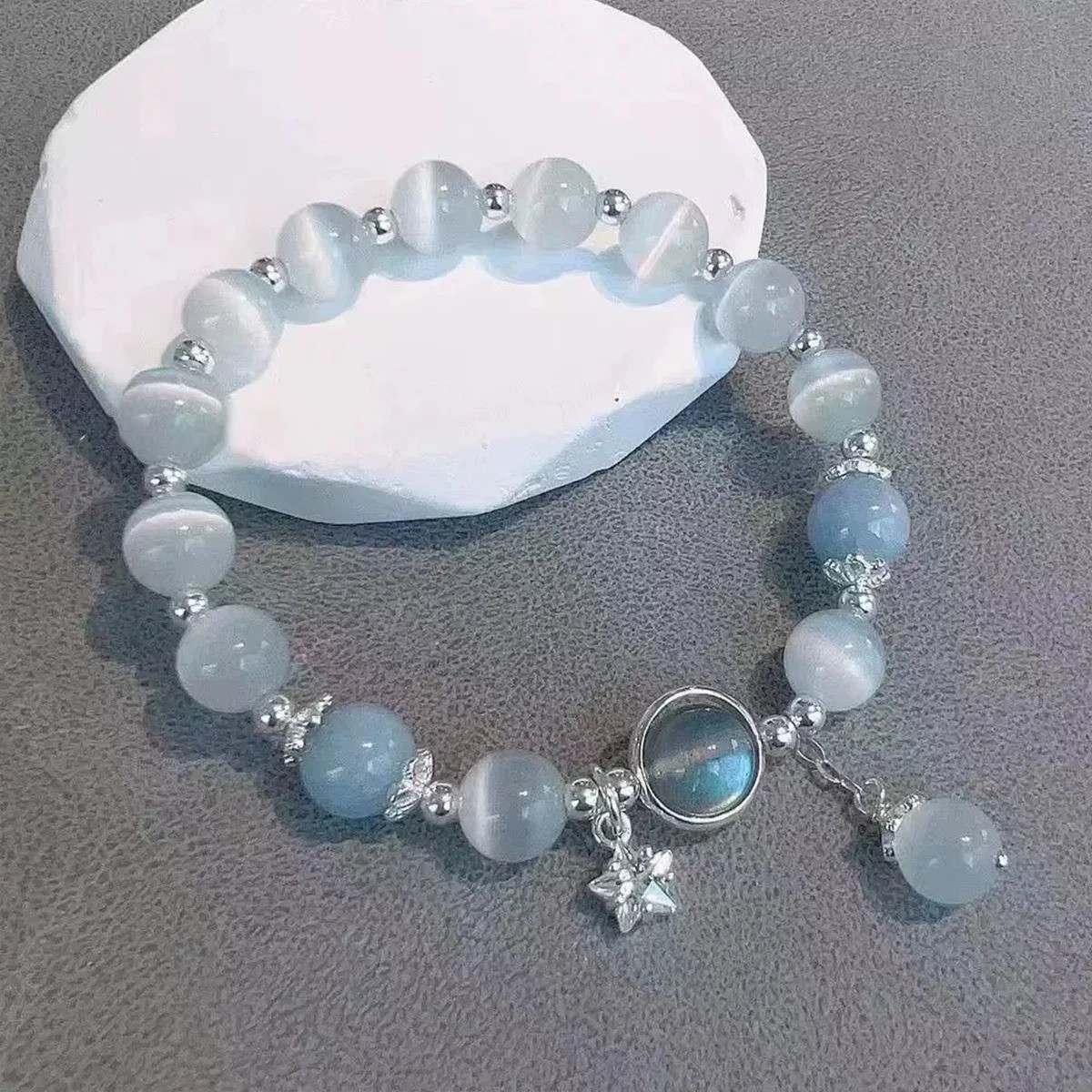 Women Blue Moonstone Cat Eye Pendant Crystal Bead Bracelet Gift Jewelry