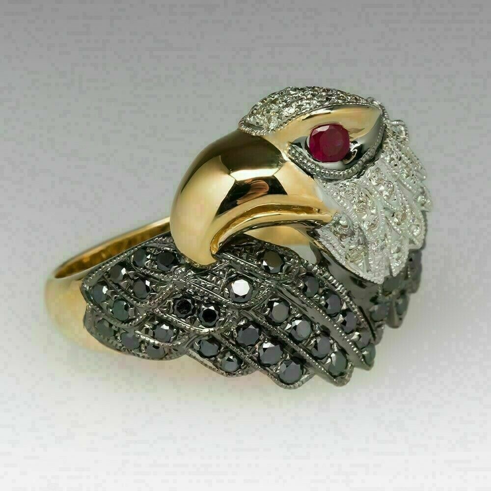 3Ct Round Cut Simulated Ruby Men’s Black Kite Ring 14k Yellow Gold Plated Silver
