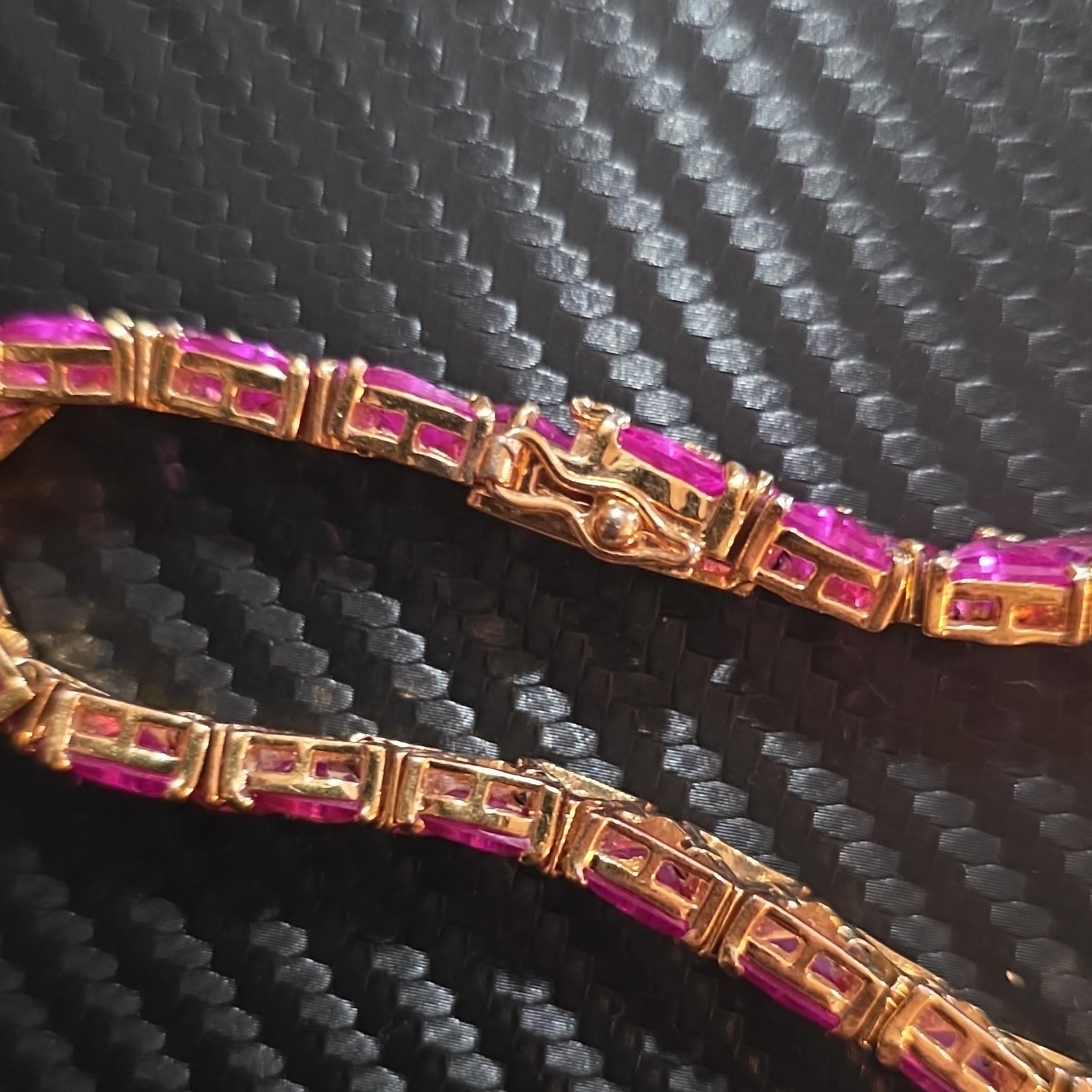 Gold Tone Pink Trillion Sim Crystal Rhinestone Tennis Bar Link Bracelet Box
