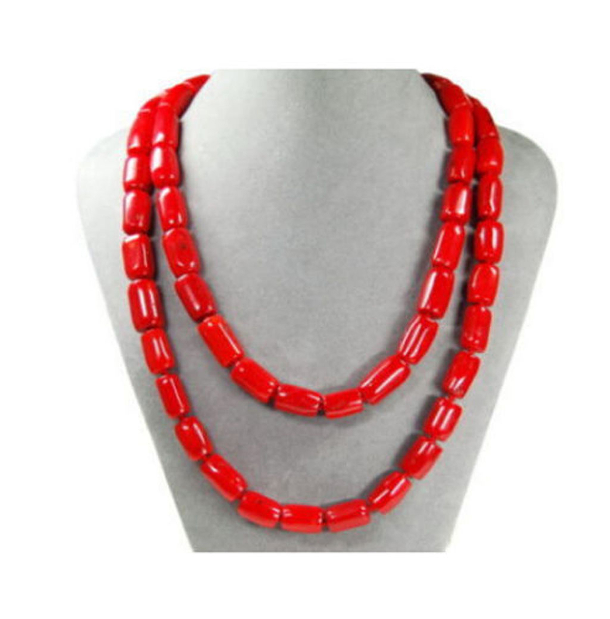 Beautiful natural red coral gemstone cylinder beads 50″ long necklace AAA