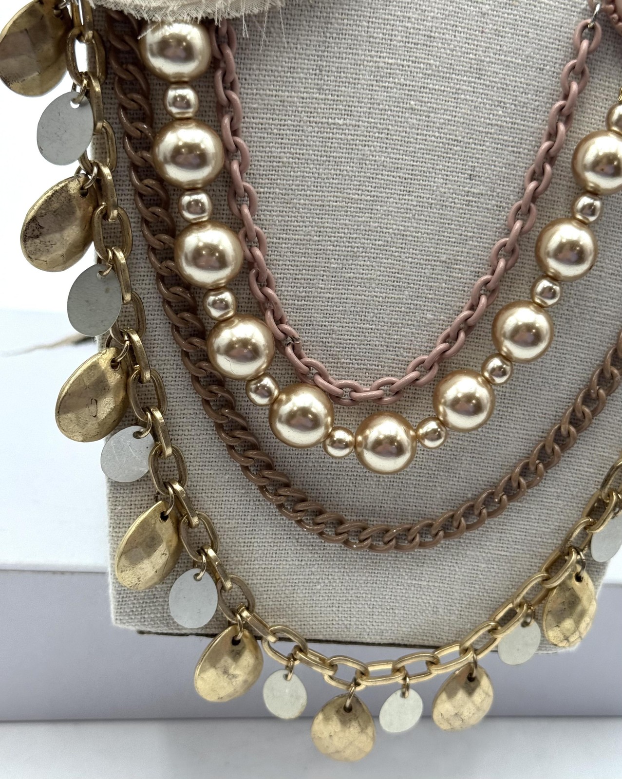 Statement Bib Necklace Multi Strand Gold Tone Pink Beads Flower Fabric Petals