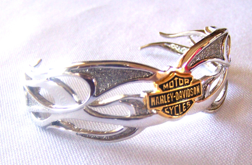 Harley Davidson Franklin Mint 925 Sterling Silver Flame Cut Logo Cuff Bracelet