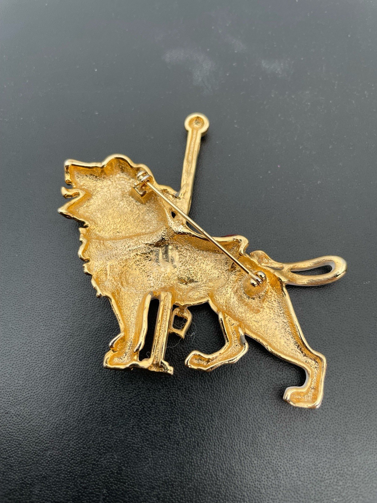 Gold Tone Lion Carousel Brooch Enamel Animal Theme White Red Decorative