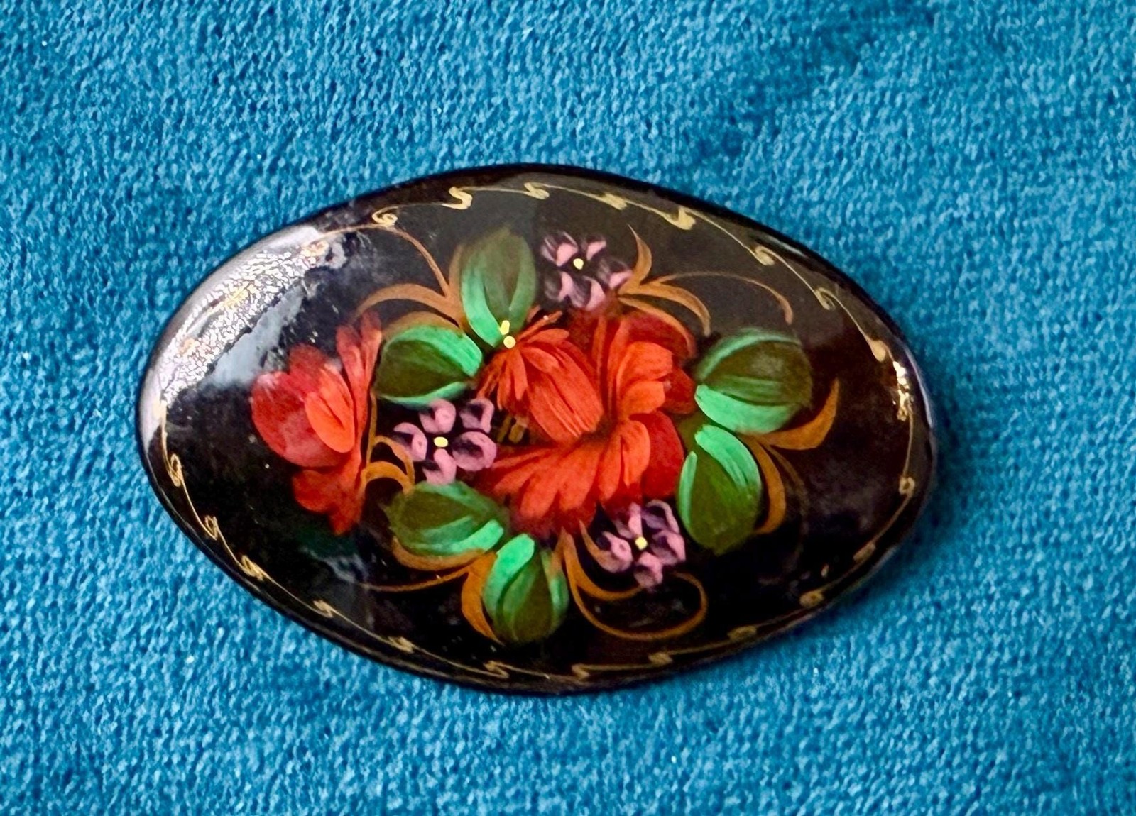 Vintage Russian Hand Painted Floral Brooch, Black Lacquer Folk Art Oval Brooch