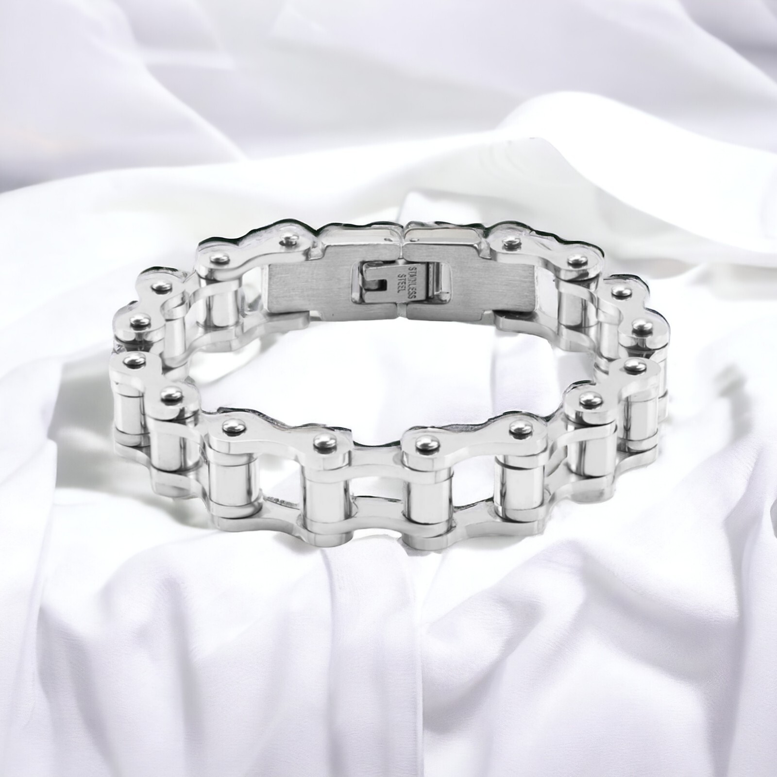 NEW 8″ Silver Bike Chain Bracelet 316L Stainless Steel W/ Snap Lock Closure