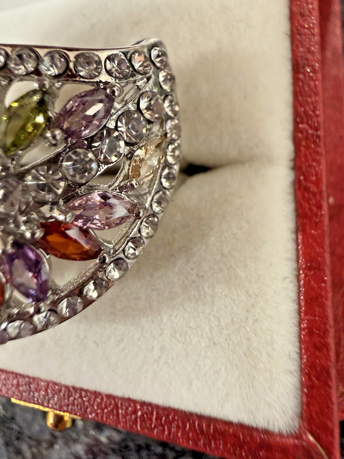 Silver Tone Multicolor Marquise Crystal Cluster Cocktail Ring Size 10.5