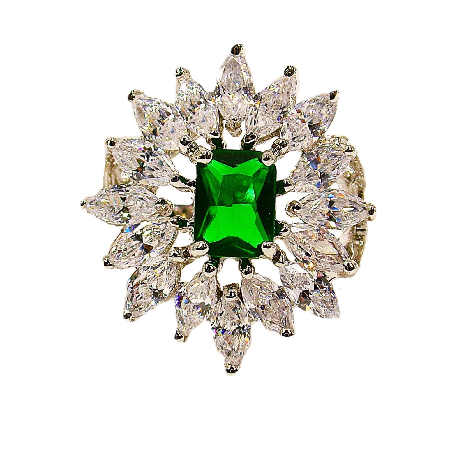 Green rectangle cubic zirconia stone ring, clear marquise stones all around SZ 8