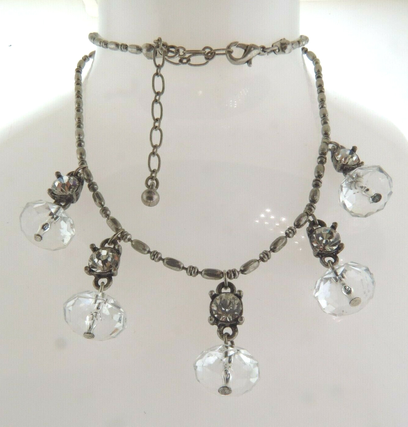 Rhinestone Crystal Lucite Bead Dangle Necklace Silver 1×18-20.5 Inch