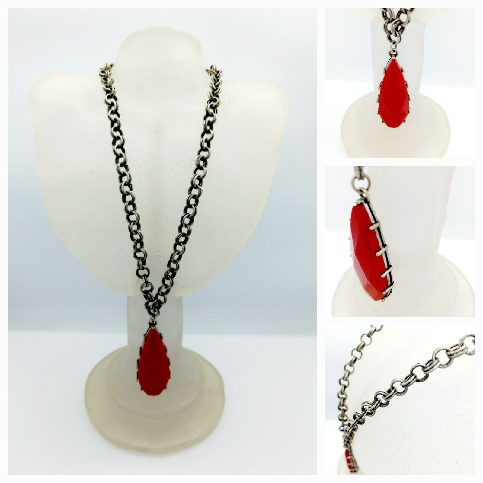 Chainmail Pewter T Bar Necklace Red Pendant 17.5″