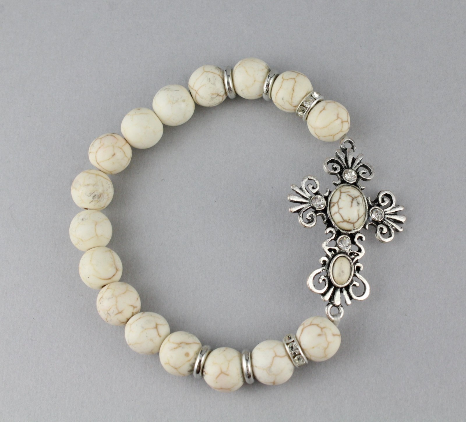 cross bracelet stretch Cream Silver stretchy beaded bracelet metal charm