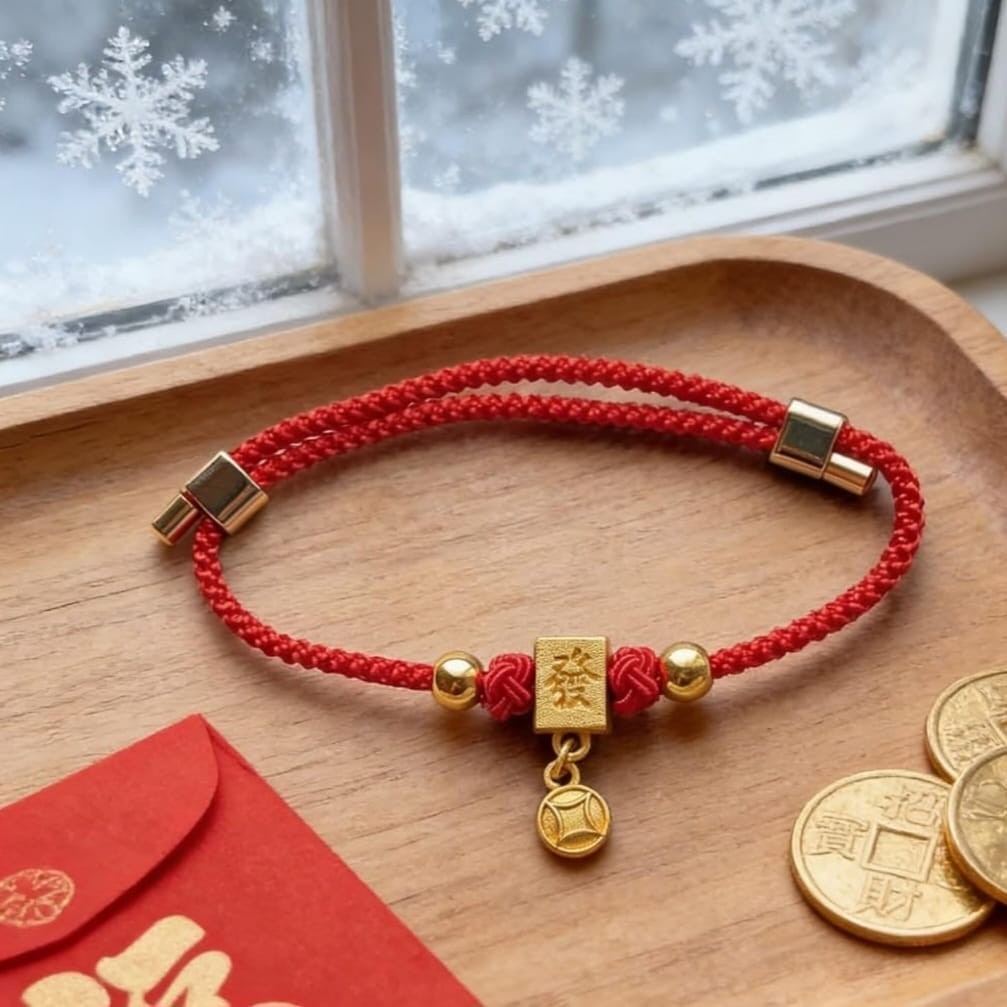 Red/Gold Adjustable Beaded Charm Bracelet, Dangle Bell, Chinese New Year