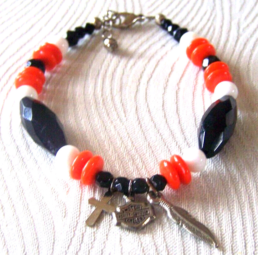 Harley Davidson Custom Feather Cross Bar & Shield Black Orange Bead Bracelet
