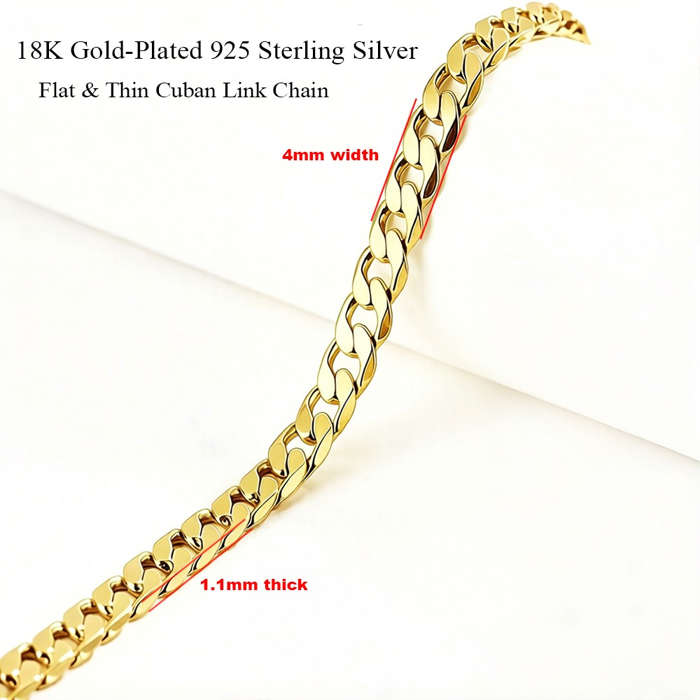Flat & Thin 18K-GP 925 Sterling Silver 4mm Cuban Link Chain Bracelet Curb Chain