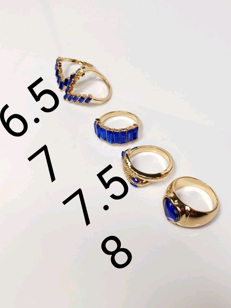 NEW Gold Tone Cobalt Blue Rhinestone Rings Set Size 6.5 7 7.5 8 Lot