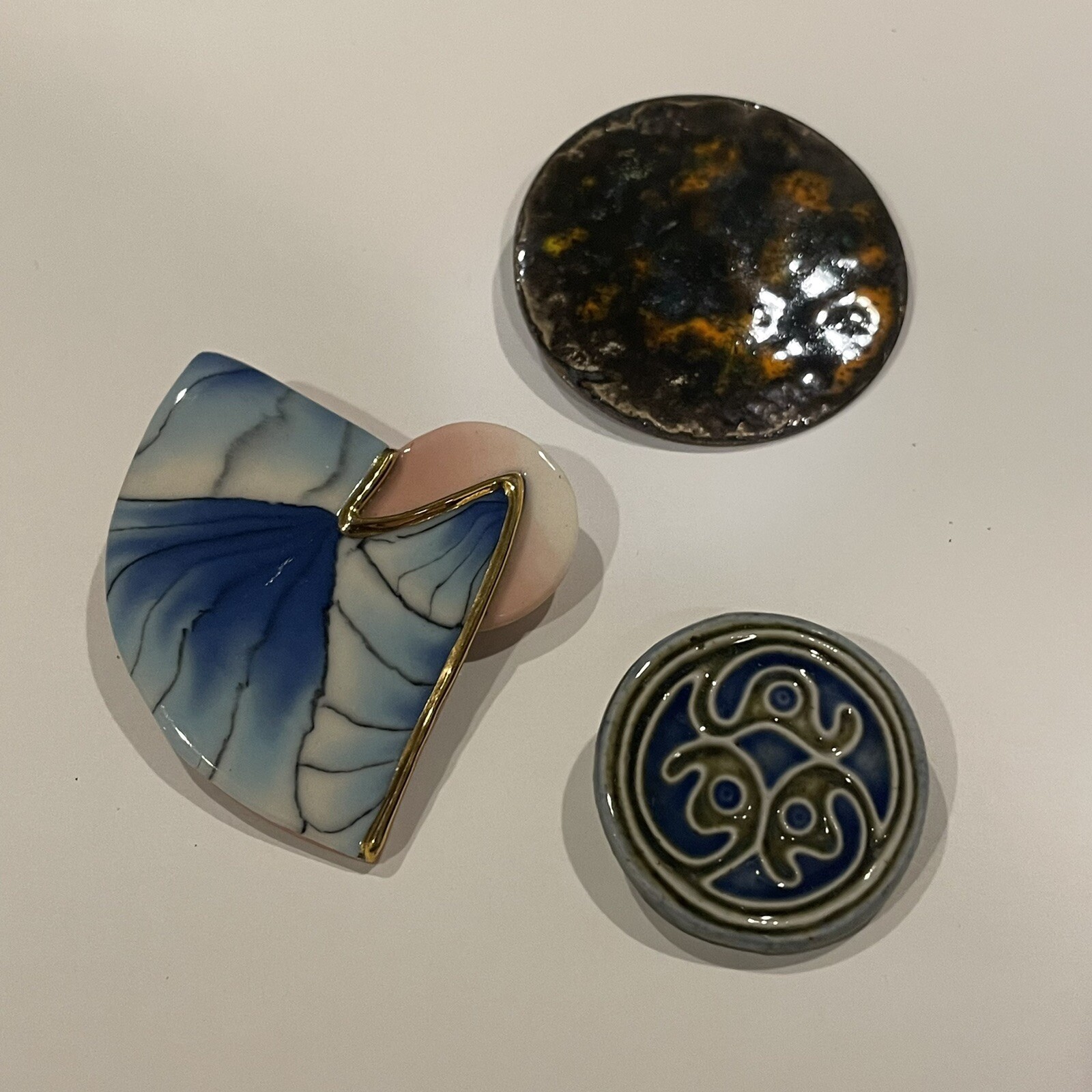Lot Of 3 Handmade Handcrafted Brooch Pins Ceramic / Enameled Metal Etc