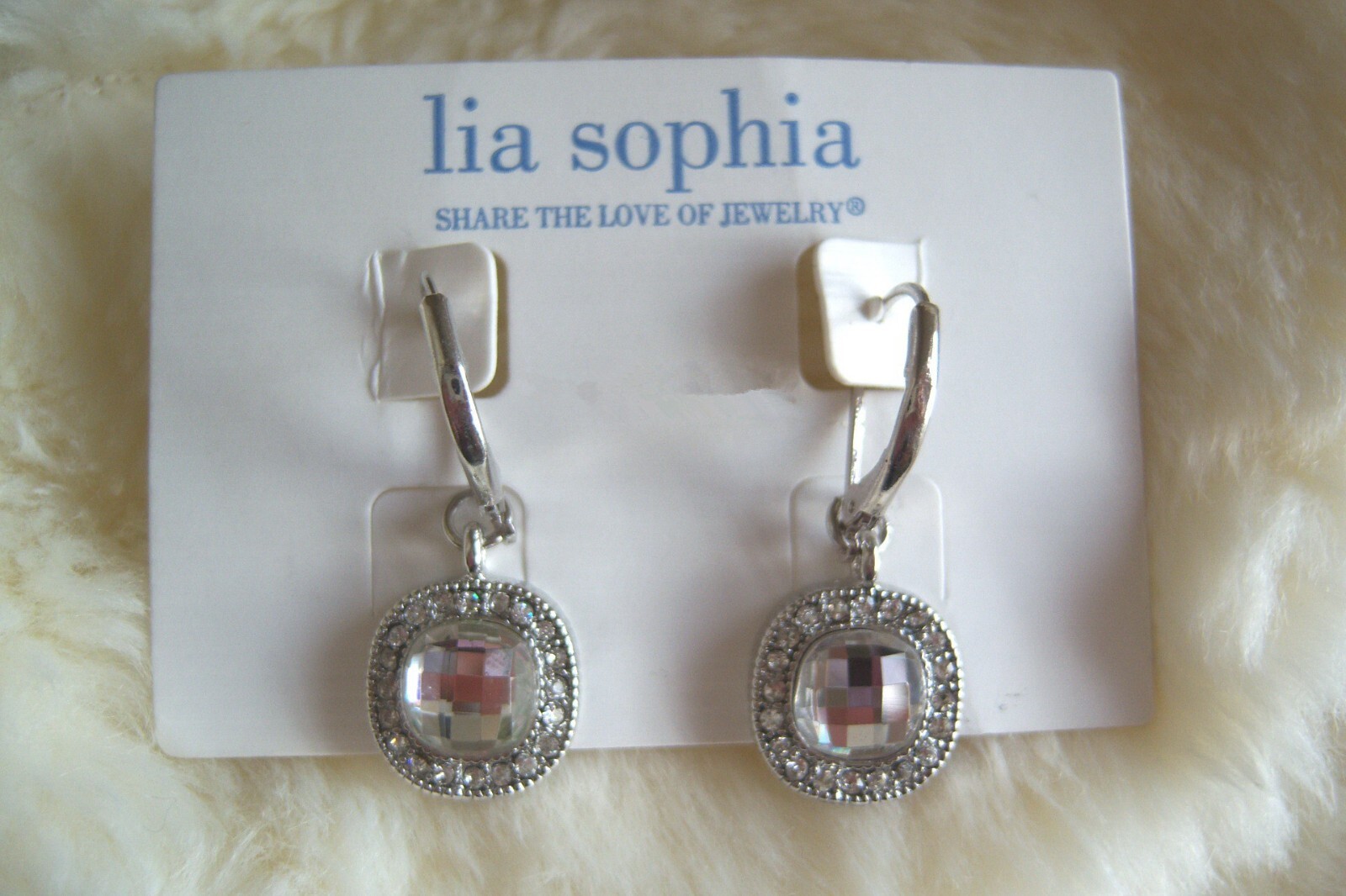Lia Sophia Bella Donna Square Clear Crystal Center Stone Silver Drop Earrings
