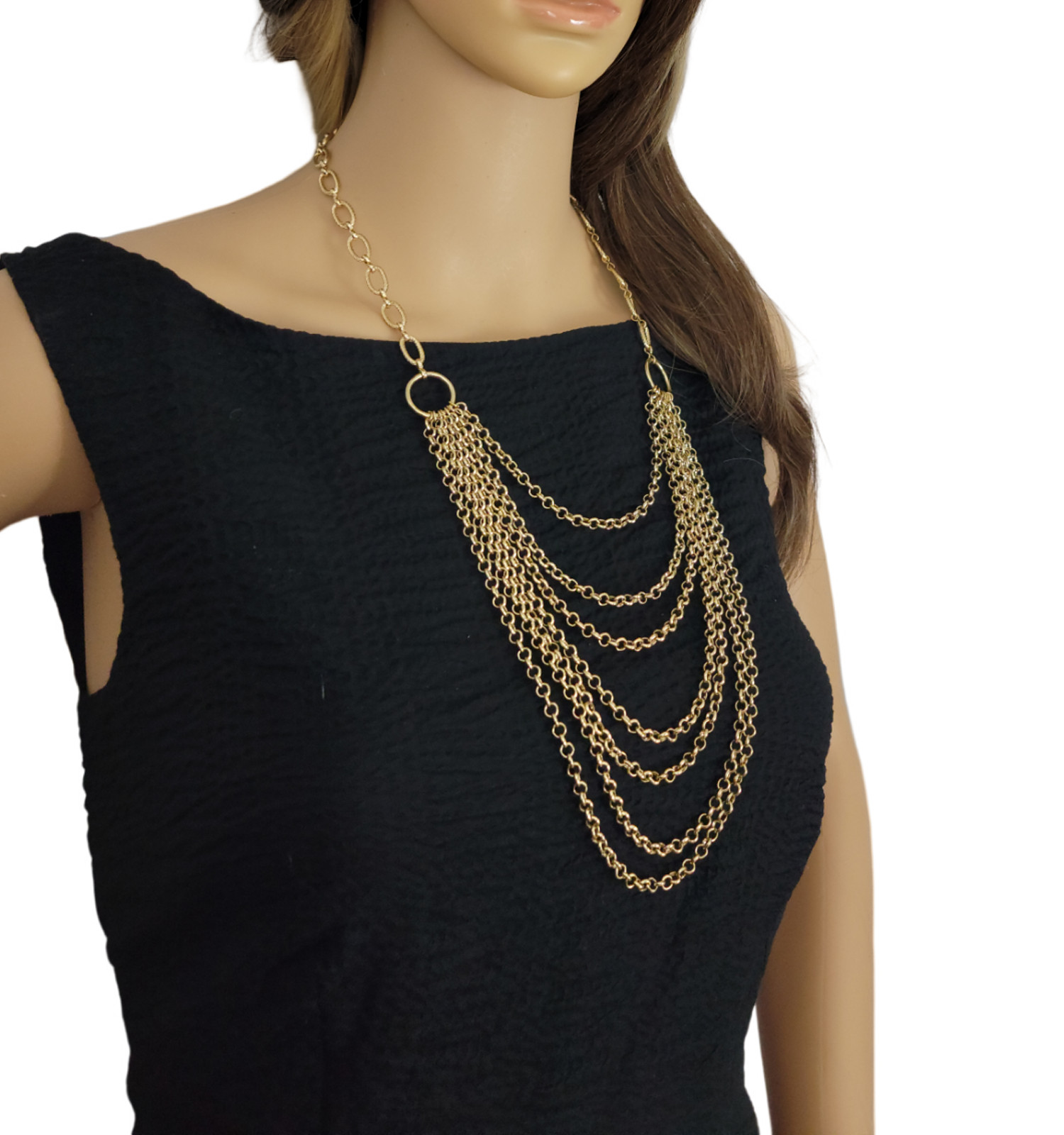 Multi Strand Layered Chain Link Bib Necklace Gold Tone Womens Jewelry 20-24″