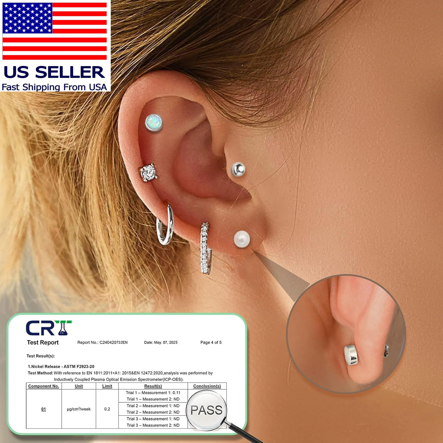 Surgical Steel Flat Back Earrings Set for Multiple Piercing Sensitive Ears,Sterl