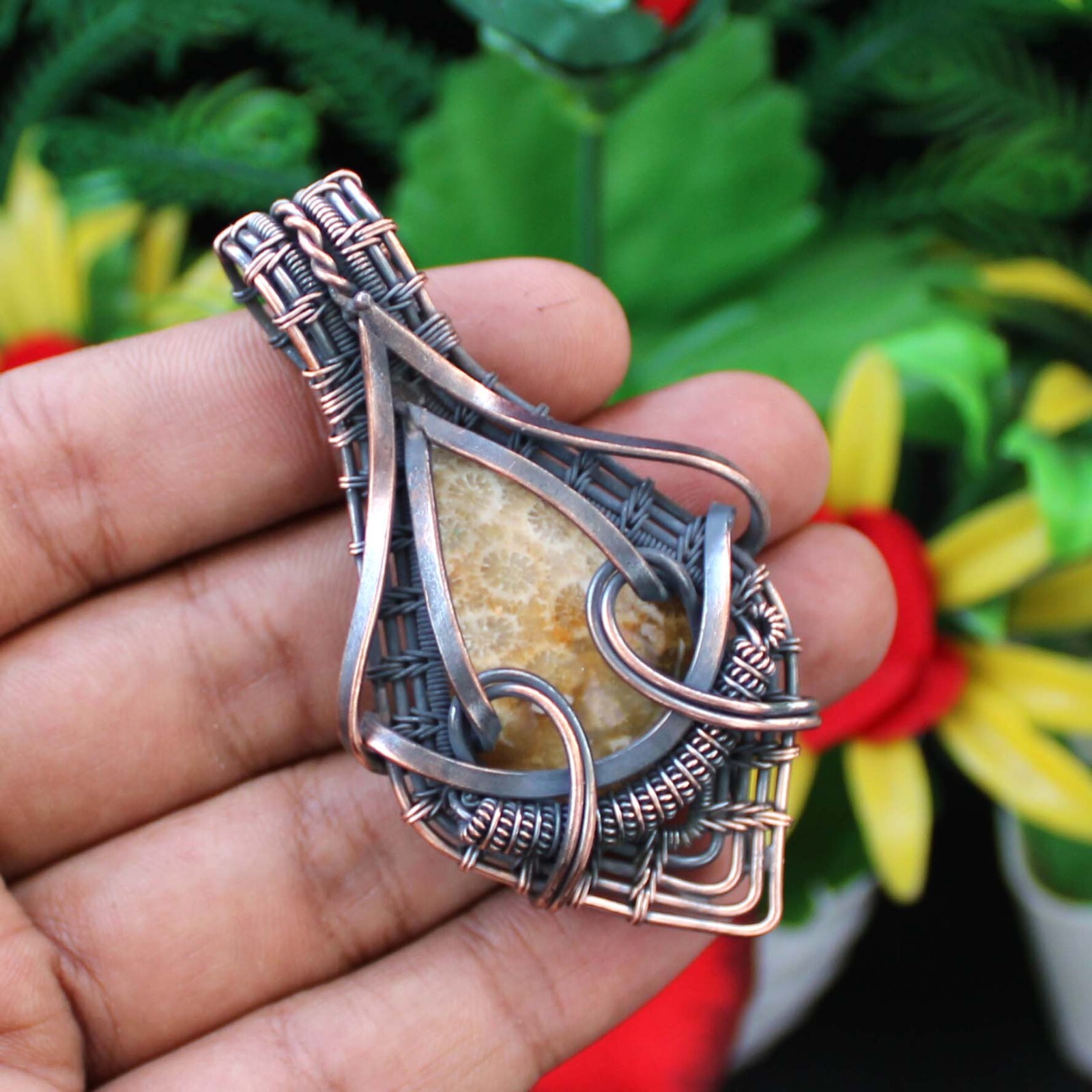 Fossil Coral Handmade Pendant Copper Wire Wrapped Pendant Copper Wire Jewelry