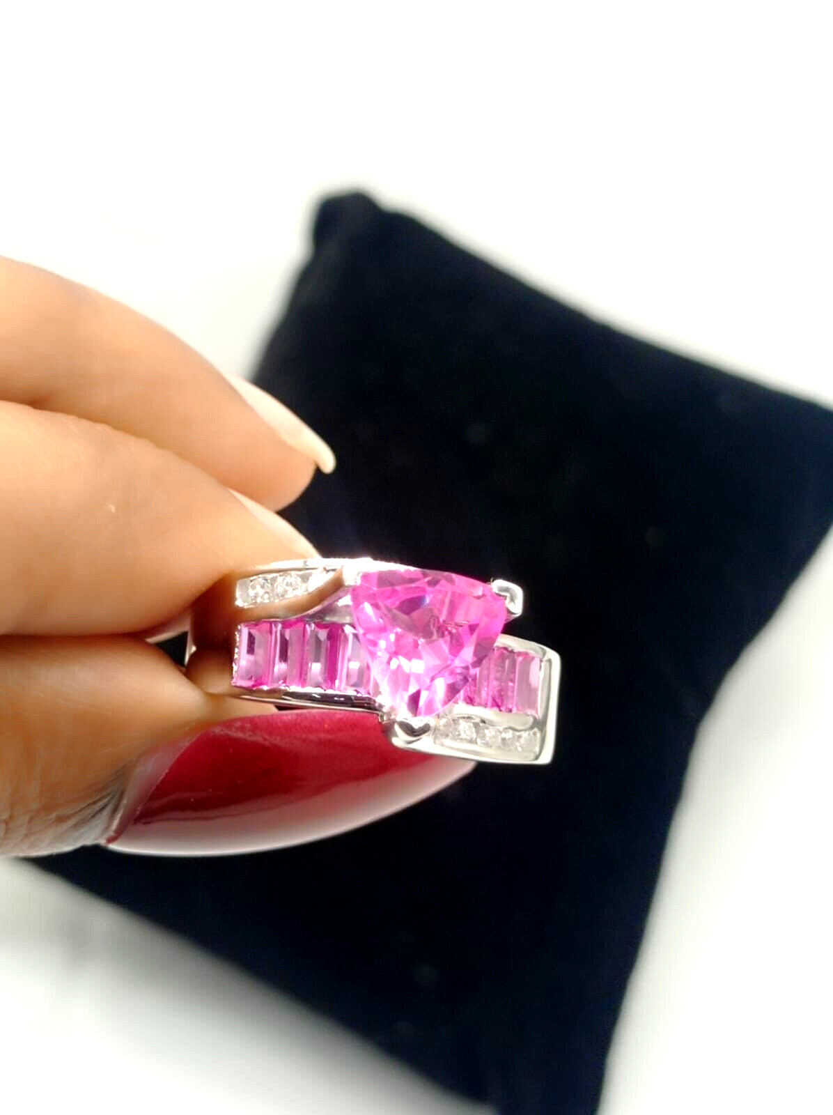 2Ct Trillion Cut Simulated Ruby Women’s Band Ring 14k White Gold Plated Silver