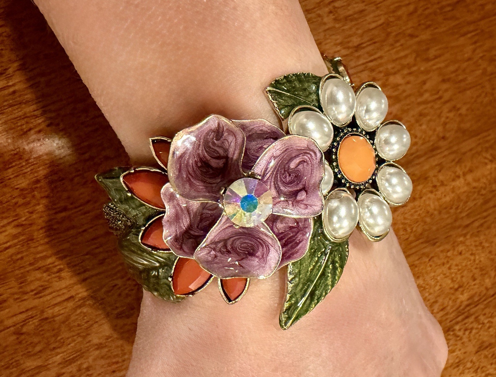 Vintage Floral Hinged Bracelet Statement Clamper Enamel Flowers Faux Pearls