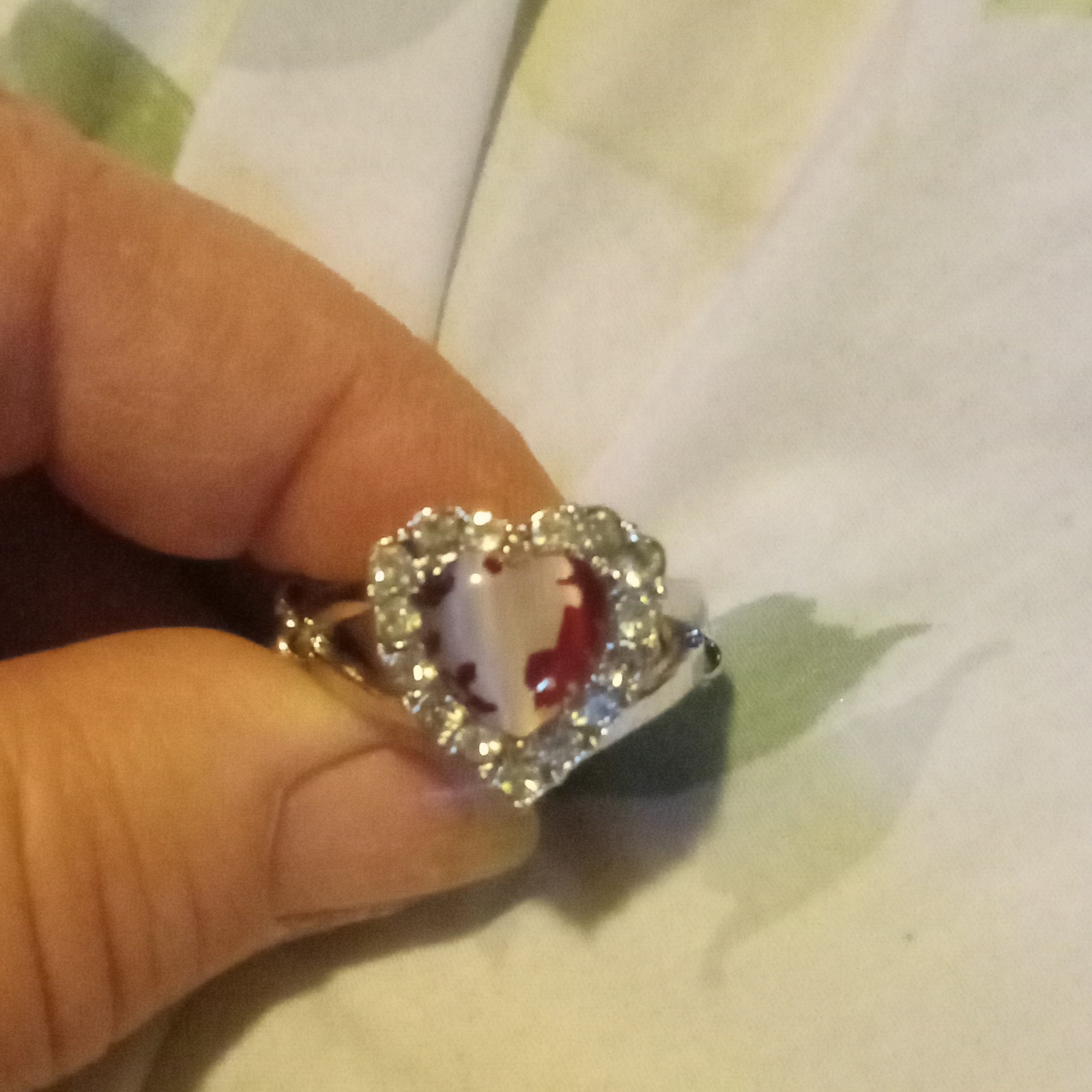 Vintage Silver-Tone Heart Stretch Ring with Red/White Stone & Crystal Accents