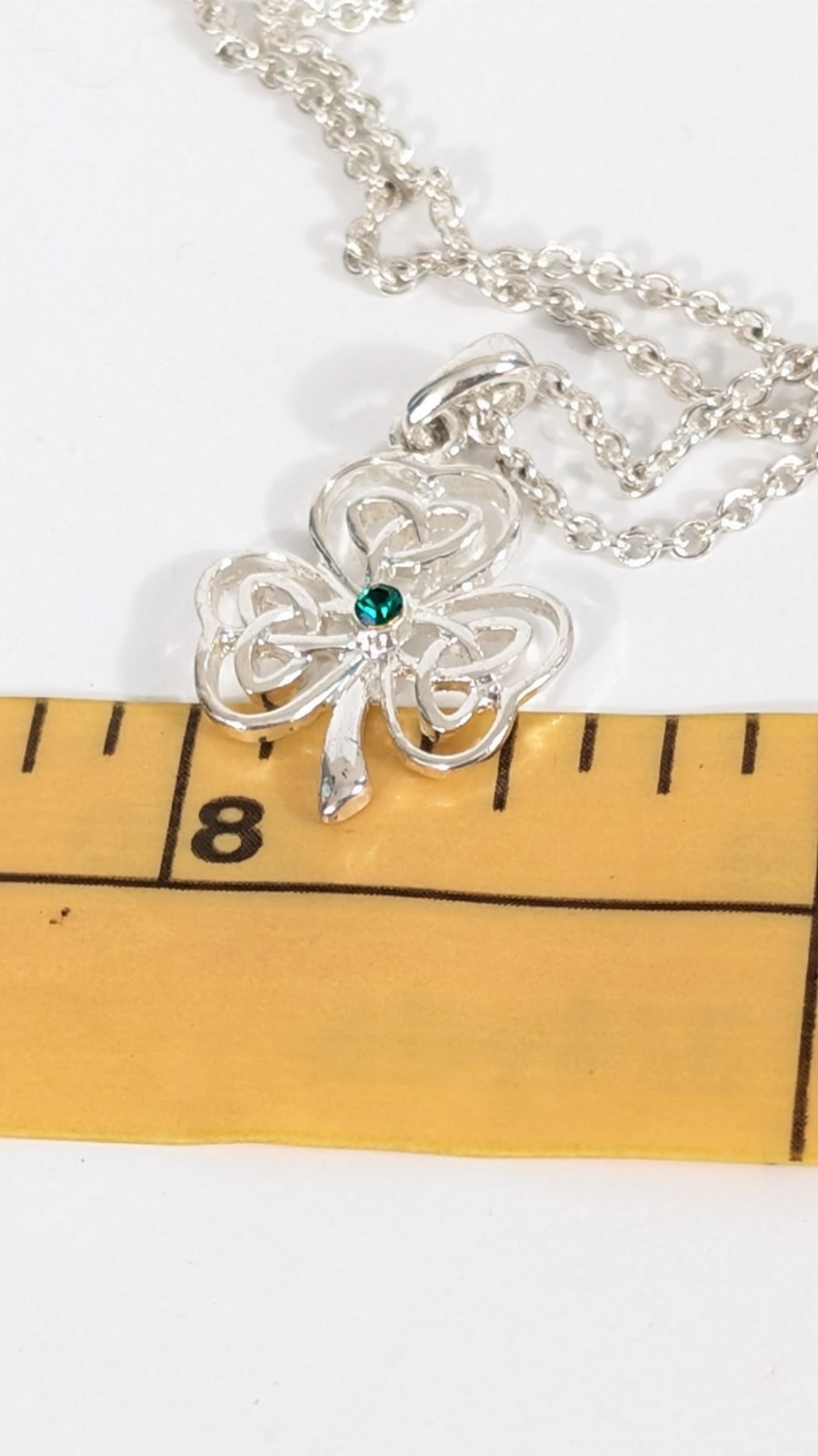 Celtic Knot Clover With Green Rhinestone Silver Toned Pendant Necklace