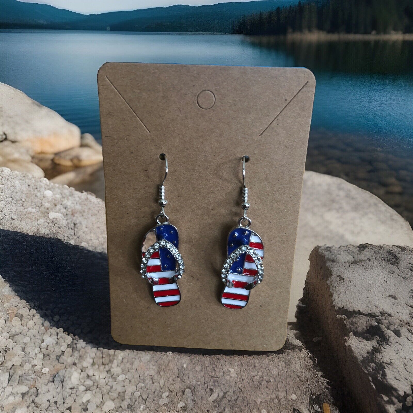 Patriotic Beach Lovers- Adorable Beach Sandal earrings haloed in diamonds/ Sale