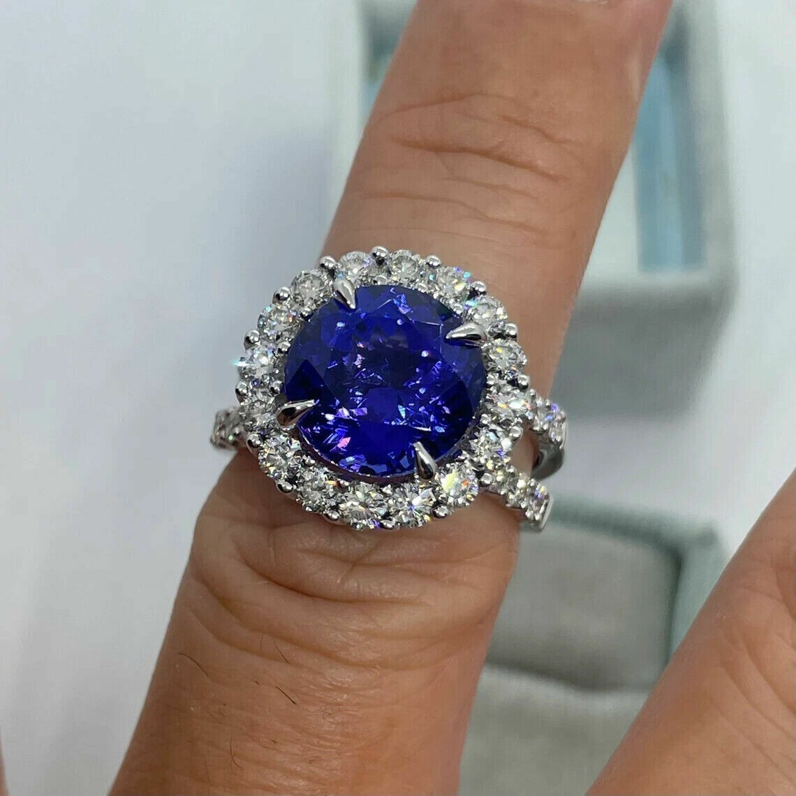 2.50Ct Round Cut Blue Tanzanite Halo Engagement Ring 14K White Gold Finish