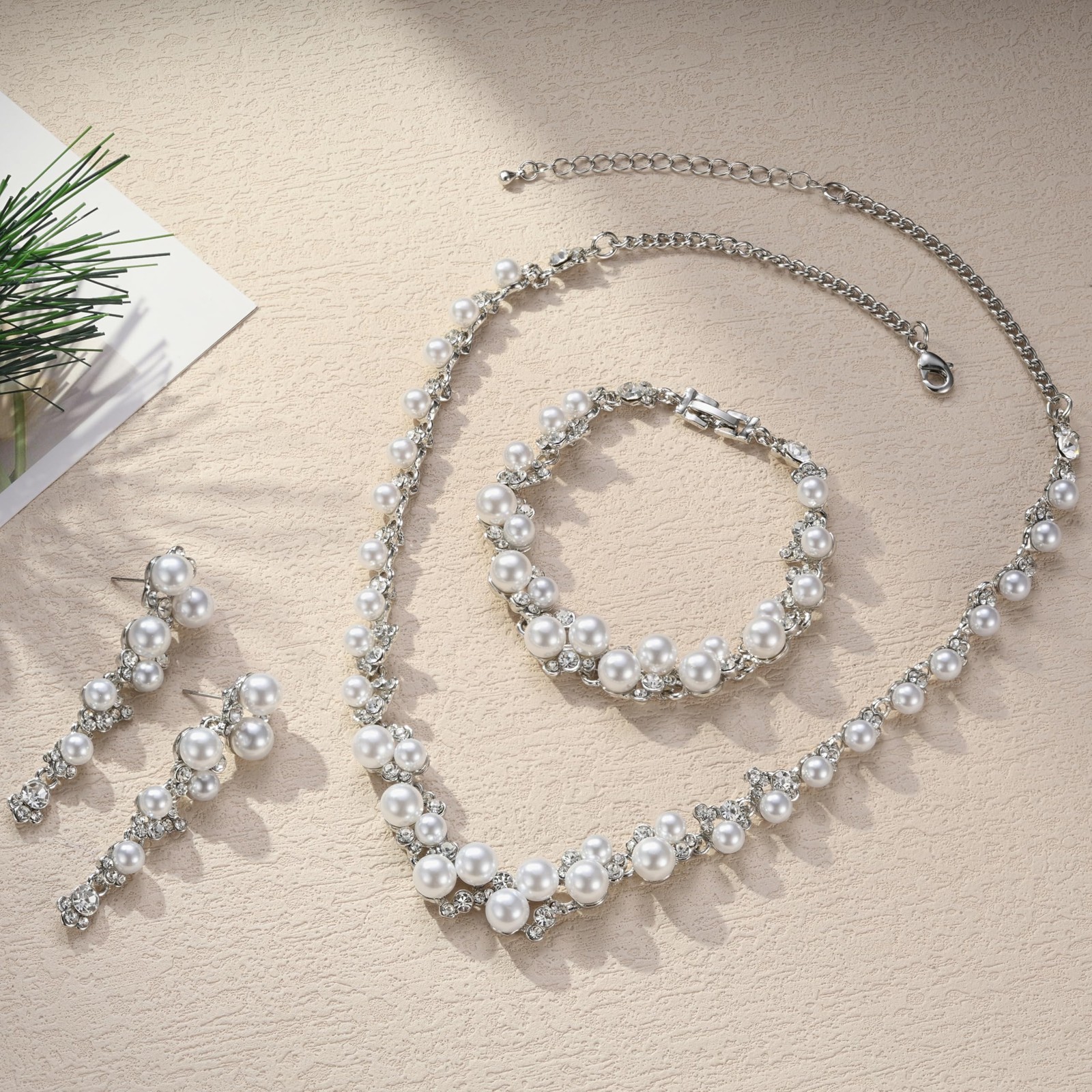 Simulated Pearl Crystal Bridal Necklace Earrings Bracelet Set Silver-Tone White