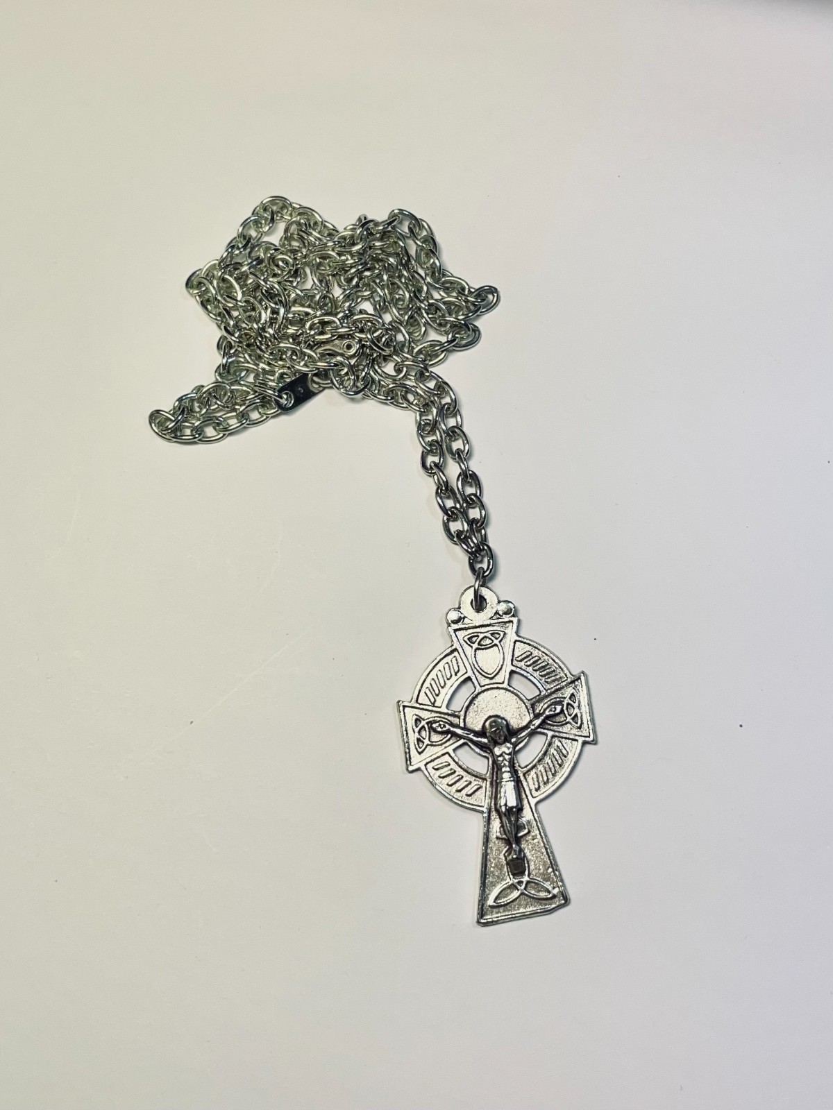 Irish Crucifix Necklace, Silver, 24 ” Chain, Lobster Claw Fastener