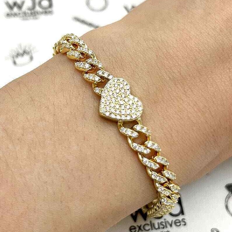 18K Yellow Gold Over Silver CZ 6mm Pave Heart Miami Bracelet 7″-8″