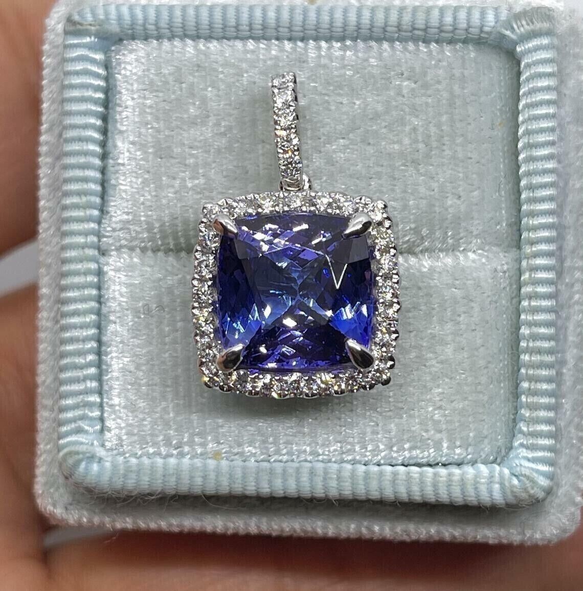 2.80Ct Cushion Cut Natural Tanzanite Halo Pendant 14K White Gold Plated 18 Chain