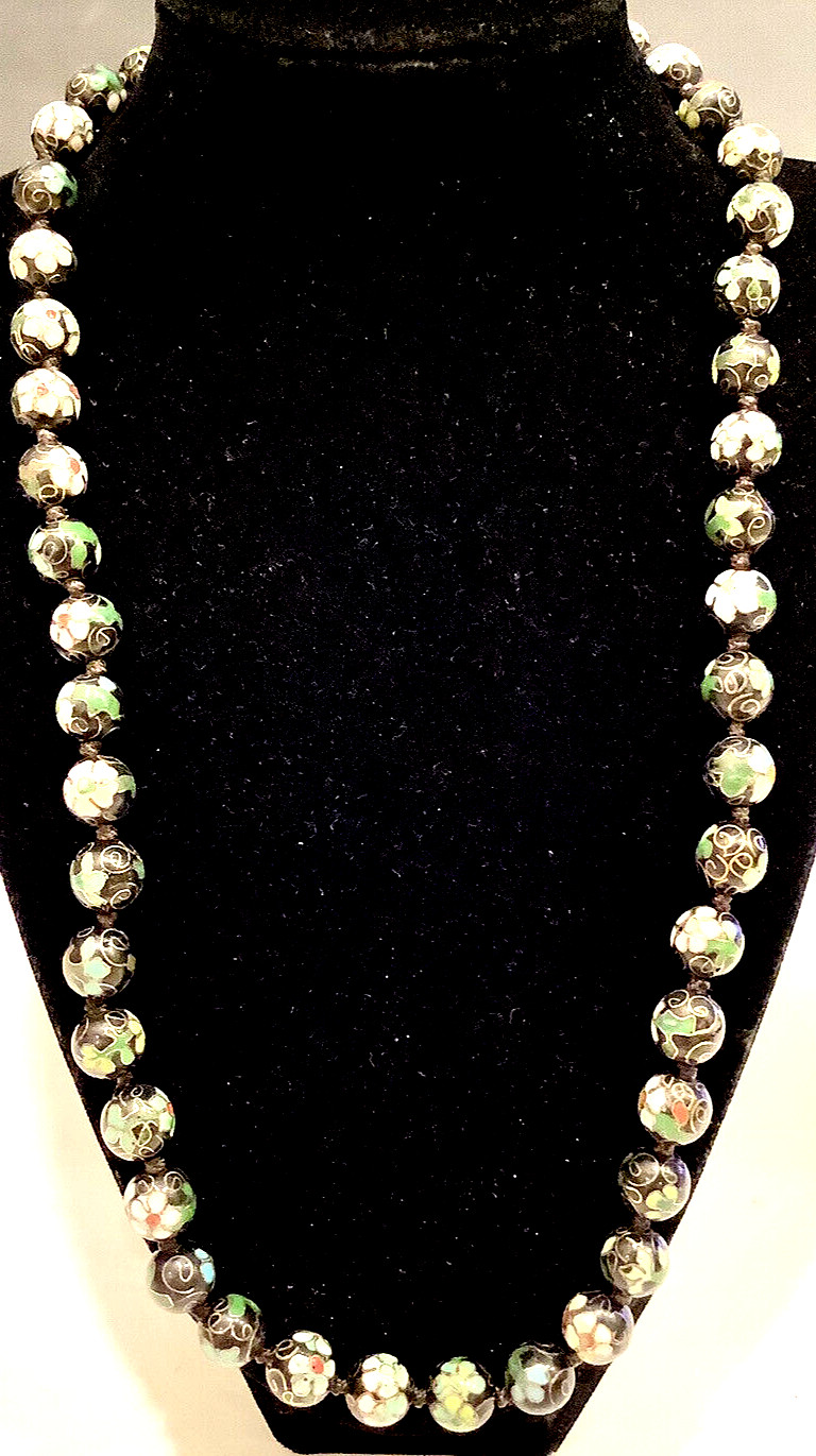 CLOISONNÉ Knotted Necklace Vintage Asian Beads 23” 1950’s